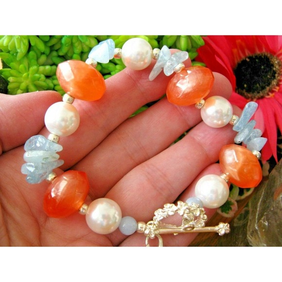 New Natural Blue Quartz Crystal & Pearl Bracelet w/ Sterling Silver Pearl Accent - Picture 7 of 7